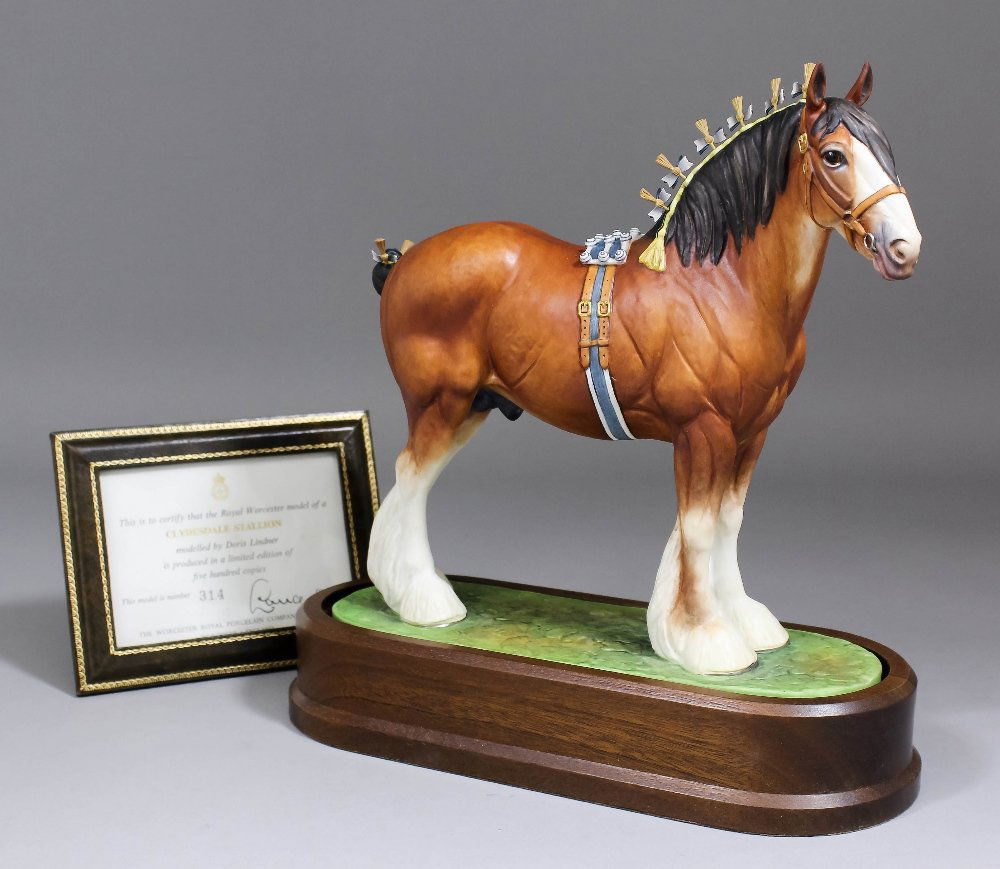 A Royal Worcester bone china limited edition model - “C: A Royal Worcester bone china limited edition model - “Clydesdale Stallion”, by Doris Lindner, 9.5ins high, No. 314 of 500, with hardwood stand and certificate (printed marks)