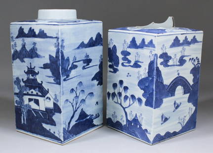 Two Chinese blue and white porcelain square vases paint: Two Chinese blue and white porcelain square vases painted with a river landscape with pagoda, bridge, boats, trees and figures, 13.125ins (356mm) high and 12.25ins (310mm) high (latter with neck