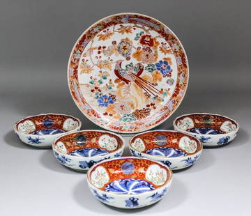 A Chinese porcelain dish enamelled in colours with phea: A Chinese porcelain dish enamelled in colours with pheasants on rock work, 10.5ins (267mm) diameter (six character mark), and five Chinese porcelain bowls decorated in the “Imari” palette,