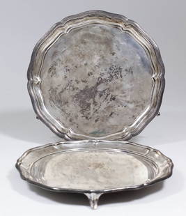 A George V silver circular salver with shaped piecrust: A George V silver circular salver with shaped piecrust rim and three splayed panel feet, 8ins diameter, by Henry Arthur, Sheffield 1924, and a George VI silver circular salver, 8.25ins diameter, by