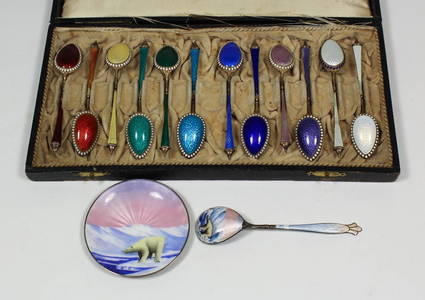 A set of twelve Norwegian silver, gilt and enamel tea