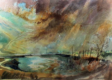 Michael Chaplin (born 1943) - Watercolour - "Isle of: Michael Chaplin (born 1943) - Watercolour - "Isle of Sheppey", 18ins x 26.75ins, signed, in gilt frame and glazed, (together with Mike Chaplin and Diana Vowles' book - "Mike Chaplin's Expressive Water