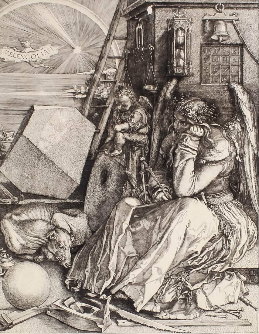 After Albrecht Durer (1471-1528) - Engraving -: After Albrecht Durer (1471-1528) - Engraving - "Melencolia", 9.25ins x 7.25ins, and a small collection of prints, watercolours and drawings (all unframed)