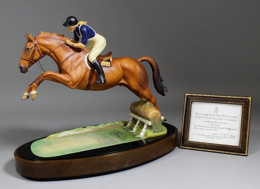A Royal Worcester bone china limited edition model -: A Royal Worcester bone china limited edition model - "H.R.H. The Princess Anne on Doublet", modelled by Doris Lindner, 11.75ins high (No. 102 of edition of 750) with hardwood stand and certificate (pr