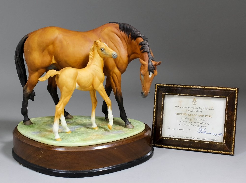 A Royal Worcester bone china limited edition model -: A Royal Worcester bone china limited edition model - "Prince's Grace and Foal", modelled by Doris Lindner, 8.25ins high (No. 15 of edition of 750) with hardwood stand and certificate (printed marks)