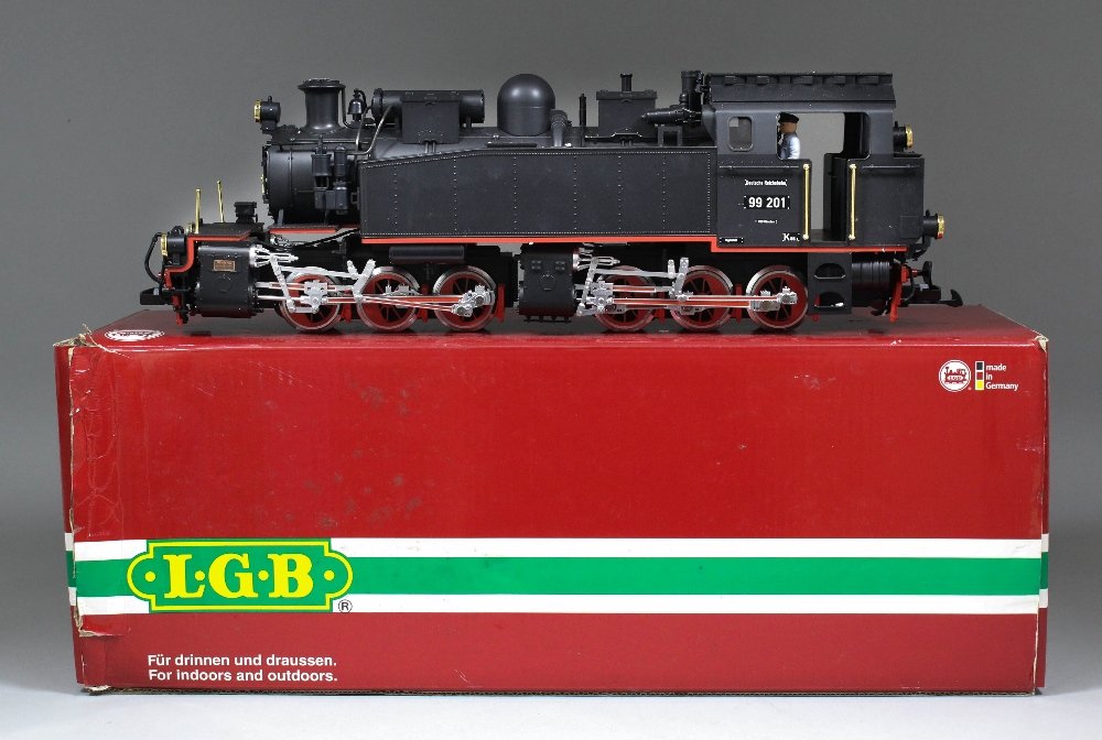 A Lehmann, LGB 'G' scale plastic cased electric model: A Lehmann, LGB 'G' scale plastic cased electric model of a mallet steam locomotive No. 99201, 20.5ins, with digital sound system, in original box
