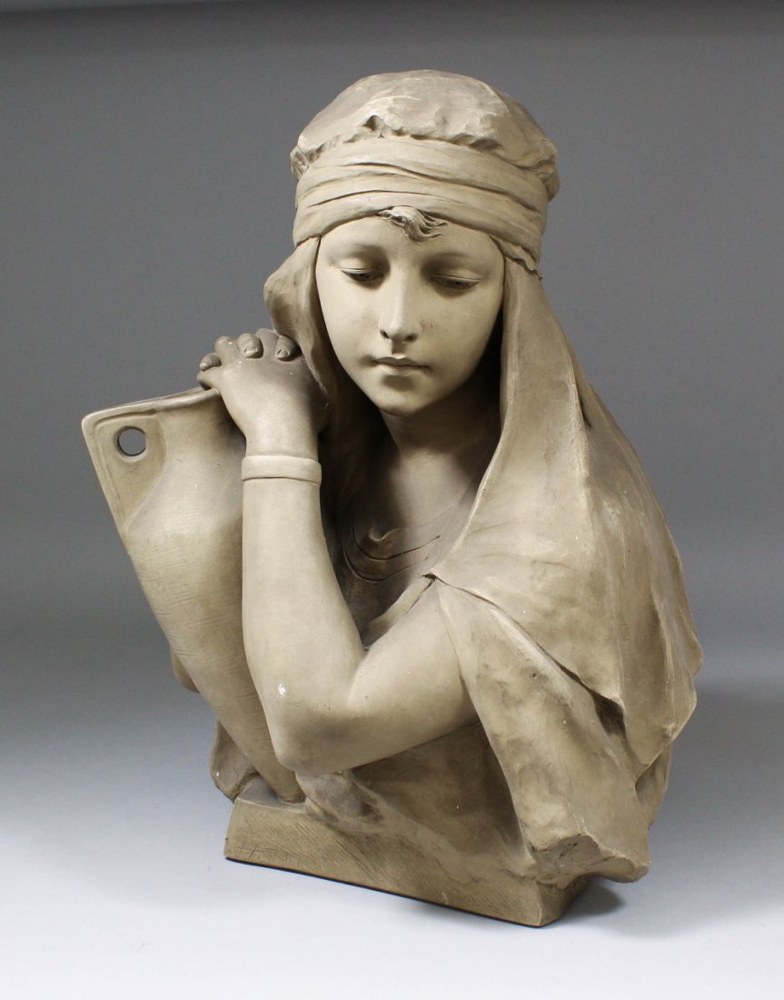 Richard Aurili (1834-circa 1914) - painted terracotta: Richard Aurili (1834-circa 1914) - painted terracotta bust - Woman with amphora, 19.5ins high (signed and impressed No. 1063/2)