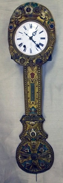 19th century French gilt brass Comptoise wall cloc: 19th century French gilt brass Comptoise wall clock, the oval frame containing 8.25in. circular white enamel dial with blue Roman numerals, with twin weight movement striking on a bell, the large pend