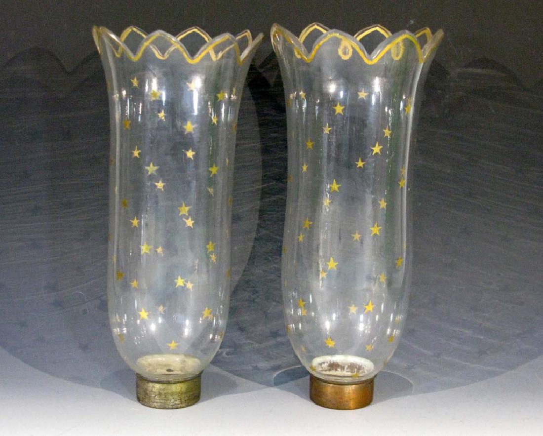 PAIR OLD GLASS LUSTER / HURRICANE SHADES W/ STARS (1 of 4)