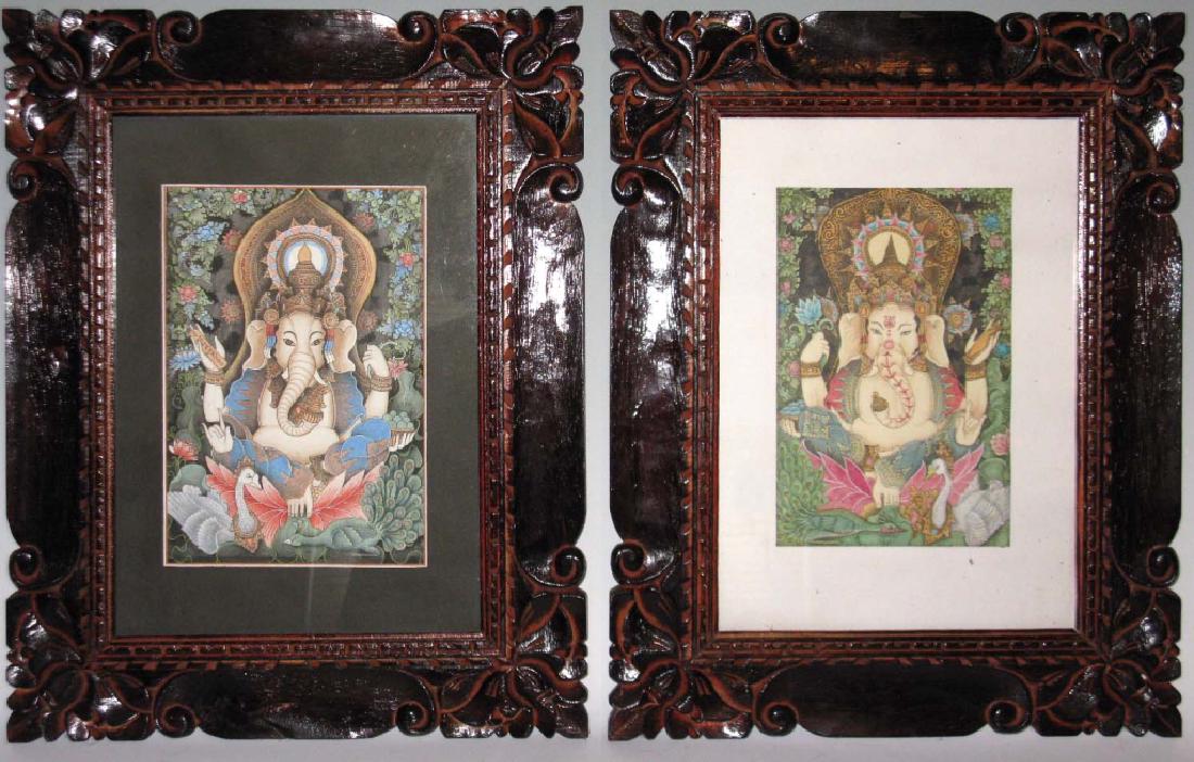 2 HINDU GANESHA GOUACHE PAINTINGS WOOD FRAMES (1 of 5)