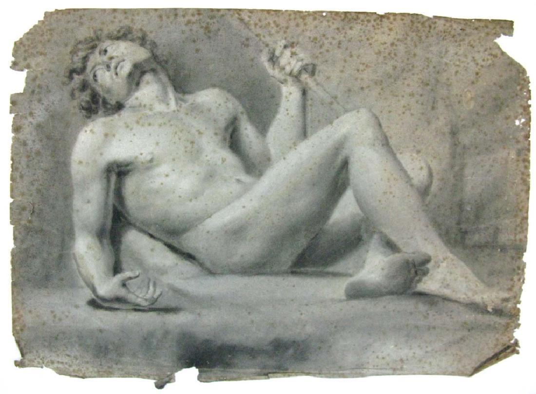 OLD MASTER DRAWING RECLINING NUDE: OLD MASTER DRAWING RECLINING NUDE: 18 - 19th century, charcoal on heavy, tinted laid paper, depicting a reclining nude male figure holding a staff in one hand, with ink catalog numbers written on vers