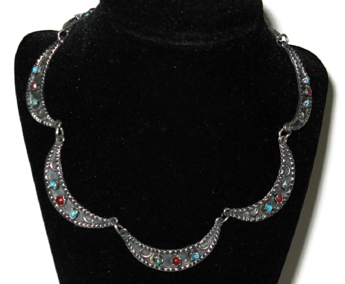 SIGNED MATL STYLE STERLING NECKLACE TAXCO MEXICO: SIGNED MATL STYLE STERLING NECKLACE TAXCO MEXICO: 20tH c., Taxco Mexico. Crescent moon links are mounted with turquoise and carnelian colored glass beads in the style of Matilde Poulat Matl, box clasp
