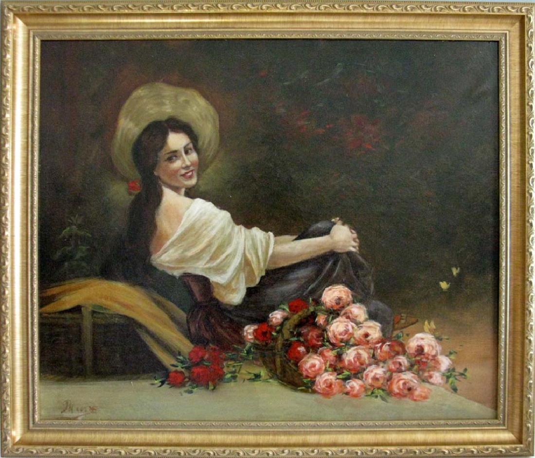 ITALIAN BEAUTY WITH ROSES OIL CANVAS INITIALED PM (1 of 6)