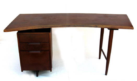 GEORGE NAKASHIMA SIGNED WALNUT DESK 1957: SIGNED G. NAKASHIMA WALNUT DESK 1957: Walnut desk with two legs and a pedestal base with three drawers, body of American Walnut, purchased directly from George Nakashima in 1957 while on a visit to th