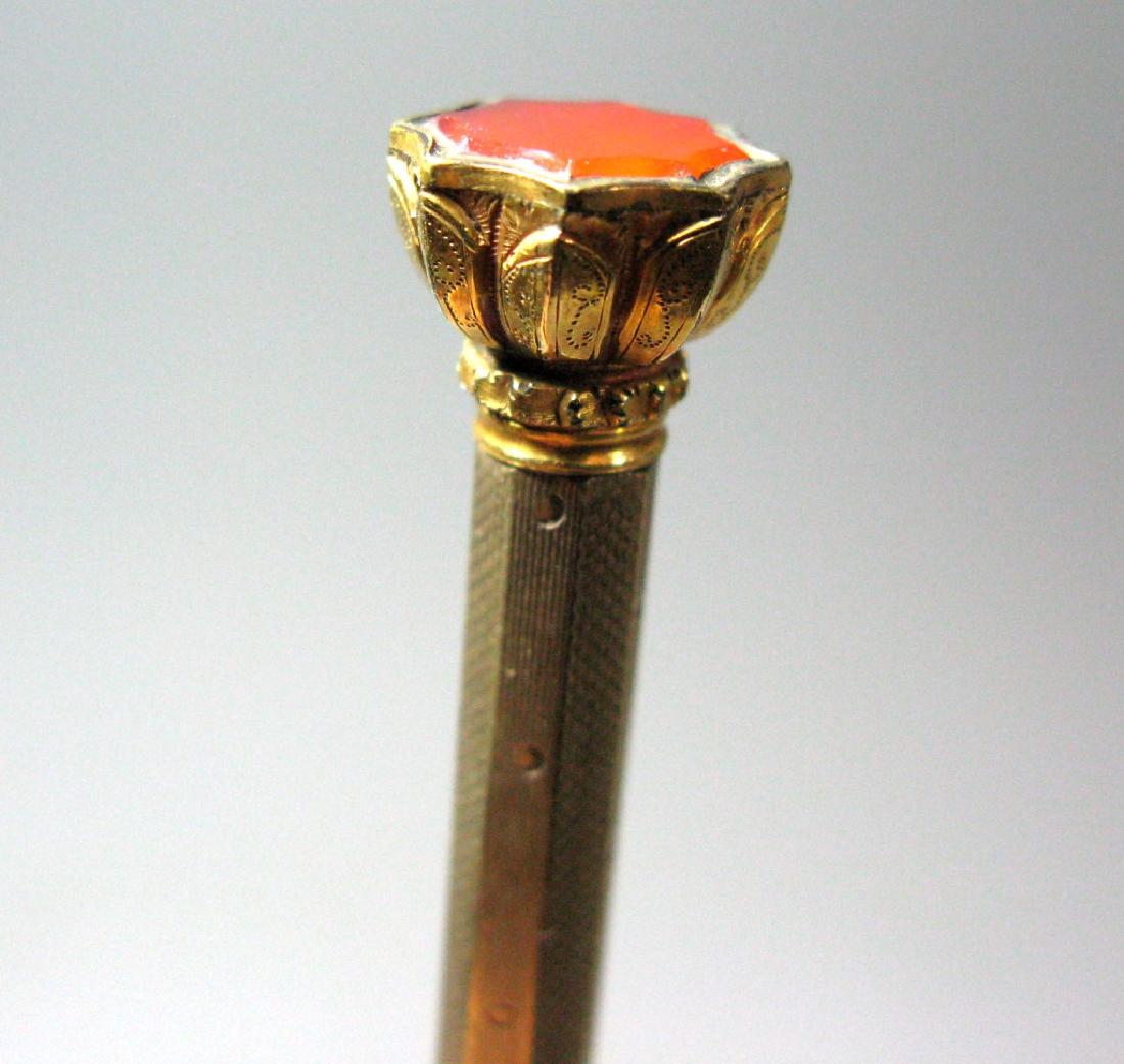 TROY NEW YORK INTEREST - S. K. STOW GILDED PENCIL: TROY NEW YORK INTEREST - S. K. STOW GILDED PENCIL: c. 1860 gilded, mechanical pencil with an engraved floral form top inset with carnelian or glass, total length 4.75"l. The collar engraved: S. K. Sto