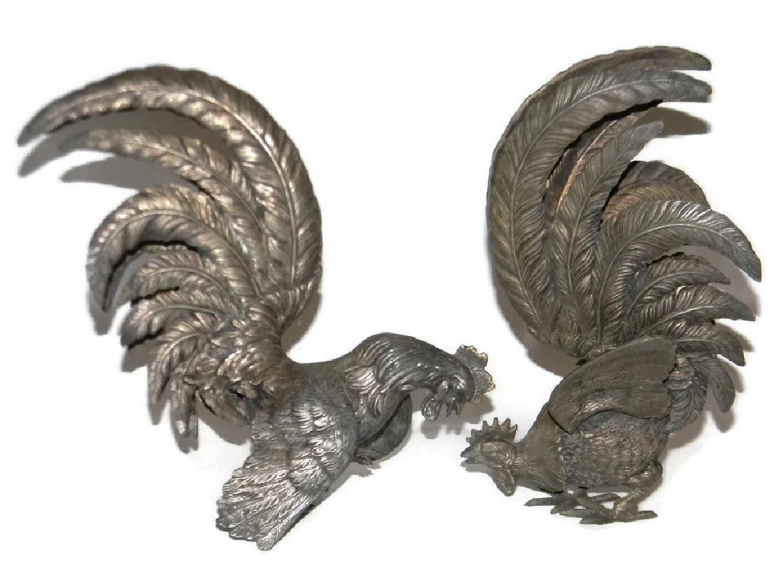 PAIR VINTAGE SILVERED METAL GAMECOCK CENTERPIECES (1 of 7)
