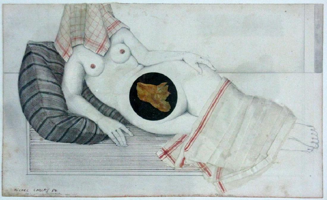 MICHEL LABLAIS MIXED MEDIA SURREAL NUDE ARTWORK: Michel Lablais (b. 1925, France), Laid paper with mixed media including ink, graphite and watercolor with additional collage elements depicting a reclining nude, signed on face MICHEL LABLIAS 84, imag