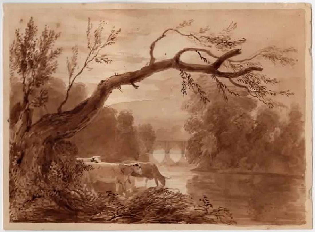 19TH C ENGLISH WATERCOLOR CATTLE IN LANDSCAPE (1 of 2)