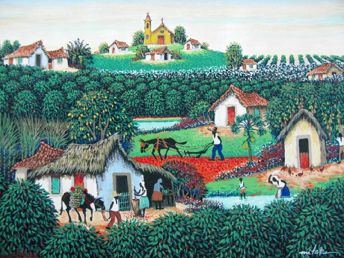 CARIBBEAN SIGNED FIGURATIVE LANDSCAPE PAINTING: CARIBBEAN SIGNED FIGURATIVE LANDSCAPE PAINTING: 20th c., oil on canvas. Depicting a lively village scene with people engages in all manner of daily pursuits, surrounded by fields, gardens and a church