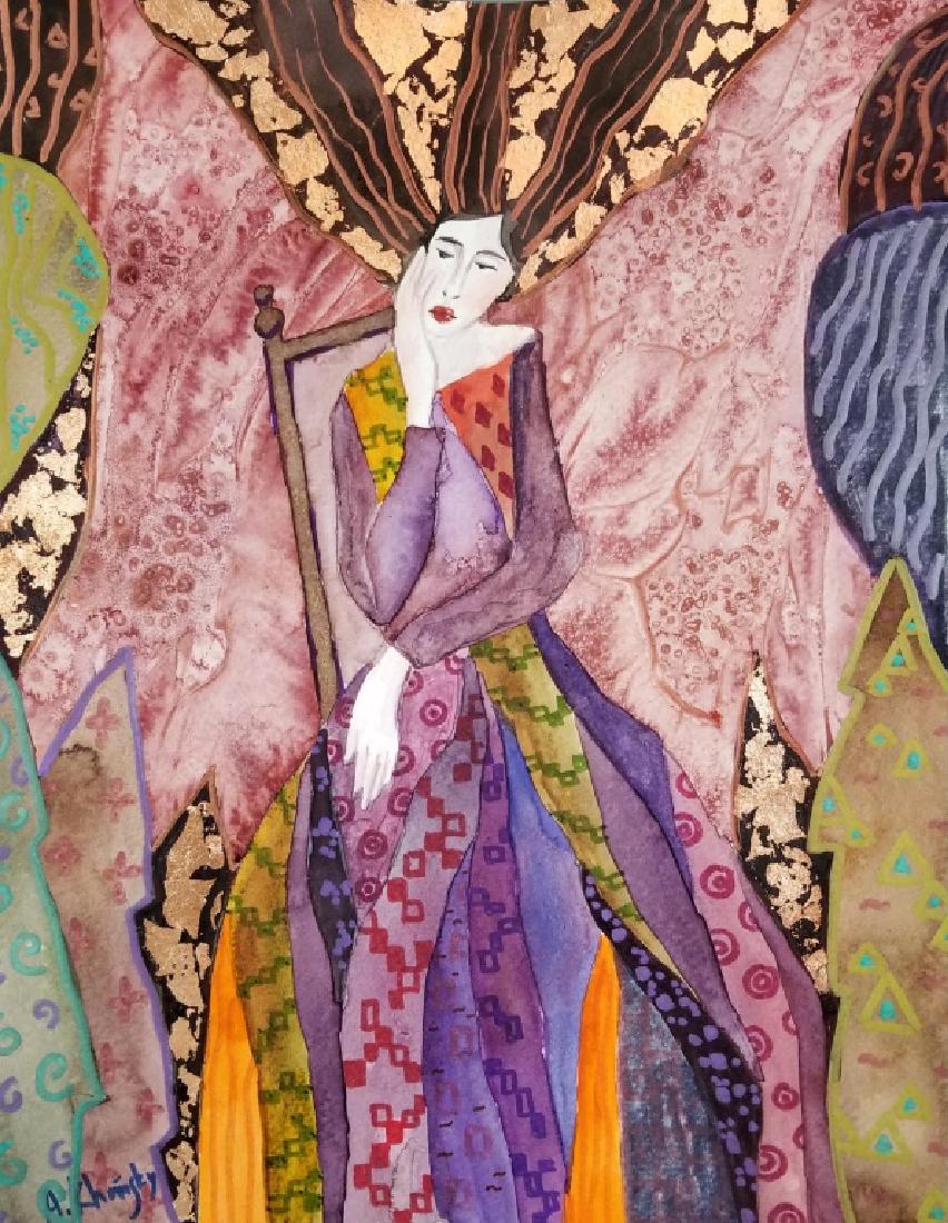 ALEXANDER KHOMSKY FIGURATIVE PAINTING: ALEXANDER KHOMSKY FIGURATIVE PAINTING: Russian, American, 20th / 21st centuries, Watercolor and copper leaf on rag paper depicting a woman dressed in a densely patterned gown, signed, "A. Khomsky", 15