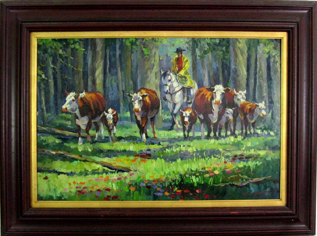 SIGNED OIL ON CANVAS COWBOYS HERDING COWS (1 of 8)