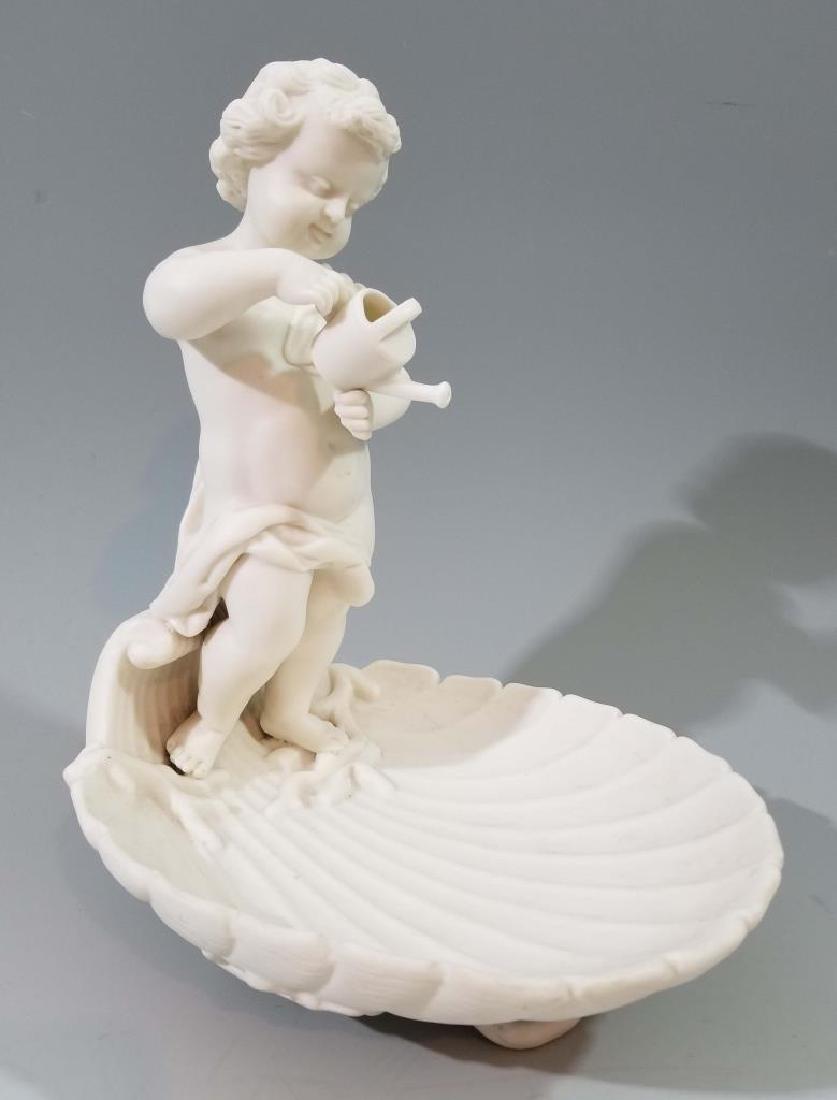BRITISH PARIAN LILY BOWL WITH CHERUB: BRITISH PARIAN LILY BOWL OR VASE WITH CHERUB: Registration mark for 1868, 10.5"h x 7"w x 8"d.