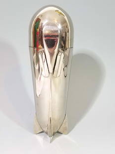 ART DECO DRGM GERMAN ZEPPELIN COCKTAIL SHAKER: ART DECO DRGM GERMAN ZEPPELIN COCKTAIL SHAKER: Circa 1930, Chrome construction, multiple piece traveling set which includes: stirring spoon / olive fork, juicer/strainer, liquor container, corkscrew,