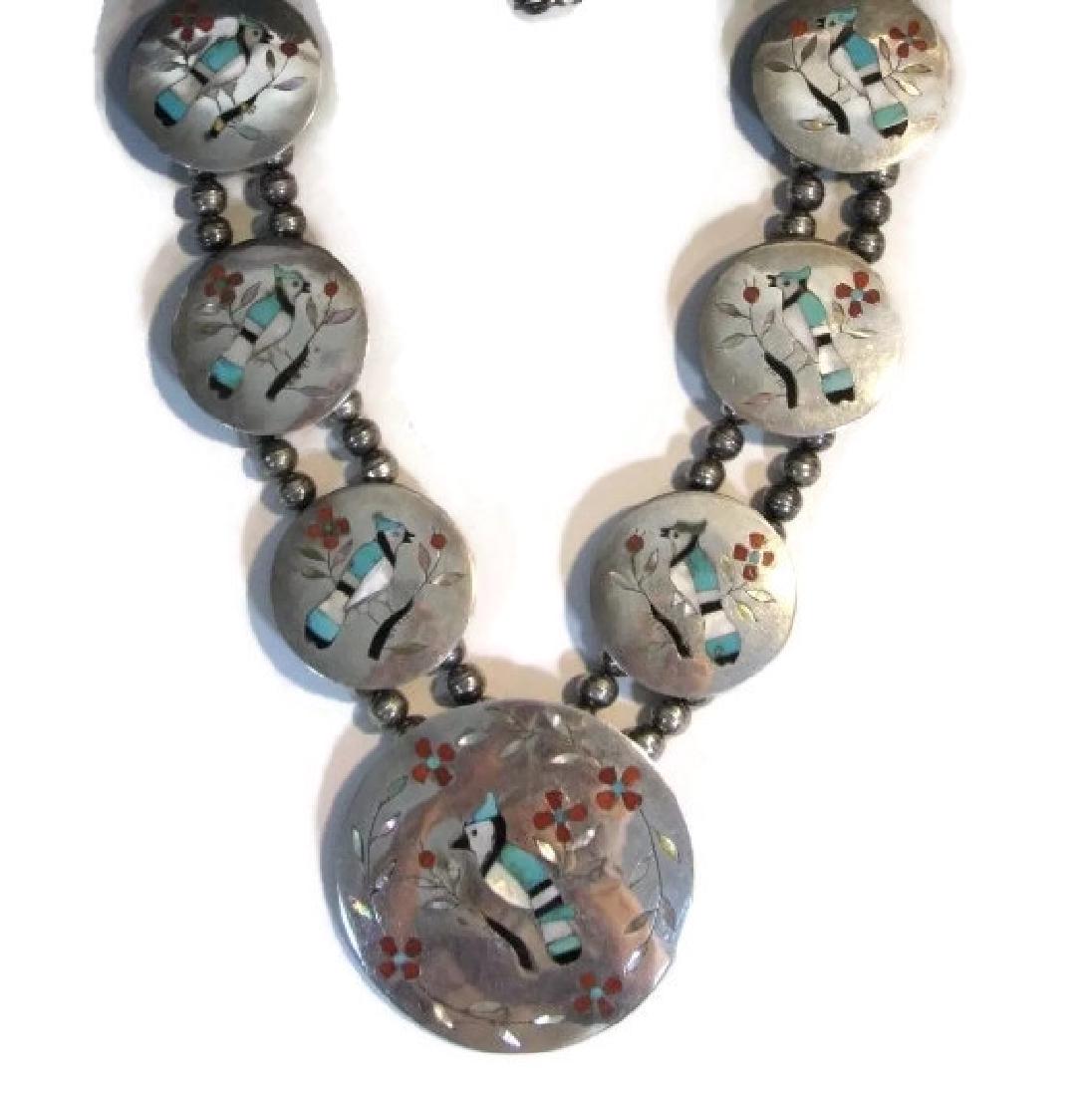 SIGNED ZUNI STERLING INLAY BLUEBIRD NECKLACE (1 of 9)