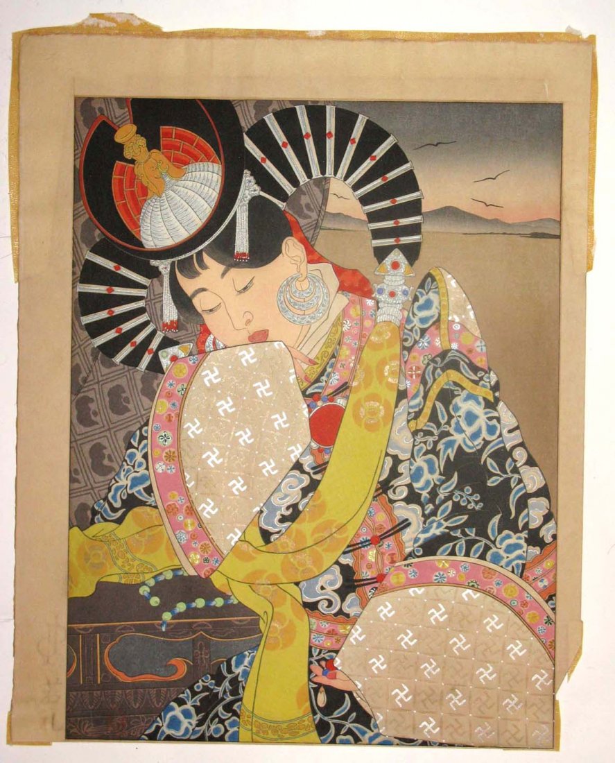 Paul Jacoulet, Woodblock L’Etoile de Gobi Mongole: This is a limited edition woodblock print on hand-made paper by Paul Jacoulet (1895 - 1960). This piece is titled, L’Etoile de Gobi Mongole or The Star of the Gobi". This woodblock print uses silver
