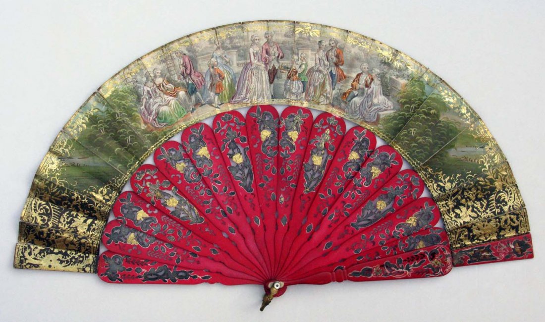 Antique Painted Hand Fan w/Ivory or Bone Ribs: This is a hand painted and gilded antique fan which depicts an 18th century garden party with several couples and small children. The image is watercolor and gilding over lithograph on paper which has