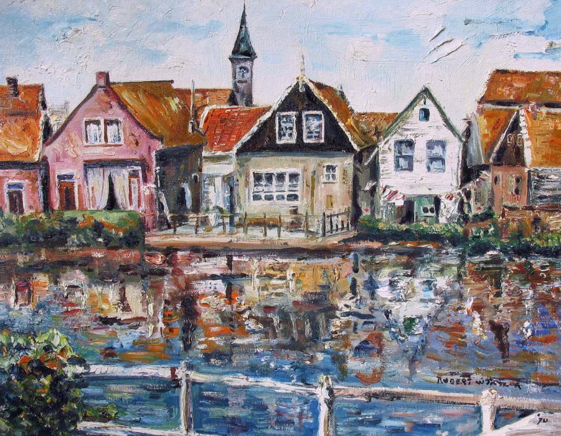 Robert Taylor 1970 Oil/Canvas View from Holland: This is an oil on canvas view of Holland by Robert F. Tayor. This piece is signed on the face of the 16”h x 20”w canvas. In the frame, the piece measures 21”h x 25”w.