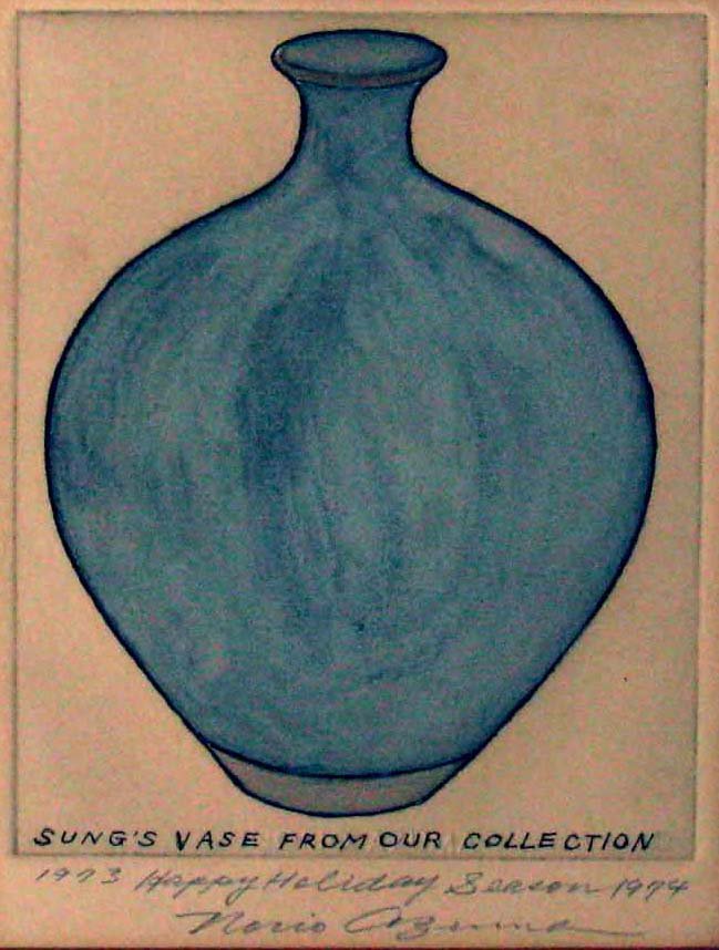 Norio Azuma 1973 Signed Etching Sung Vase: Hand signed etching by Norio Azuma (New York/Japan, 1928-2004). Illustrating a Sung Chinese vase, "From Our Collection". 1973/1974; Comes unframed.