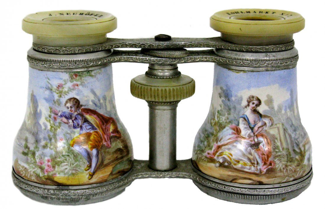 Hand Painted Neuhofer Opera Glasses: Hand-painted over transfer opera glasses by J Neuhofer of Wien.