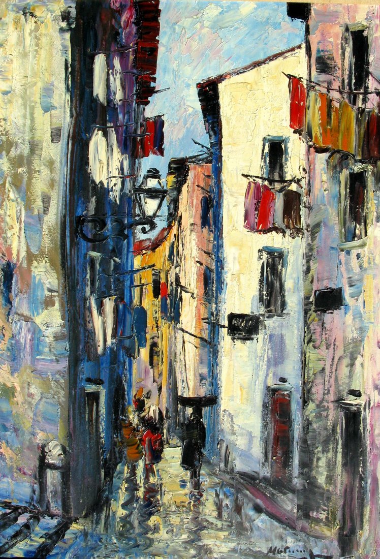 Manuel G. Pereira Oil on Canvas Painting, Street Scene: Oil on Canvas by Manuel Gregorio Pereira (b. 1931). This piece depicts a street scene in Lisbon. The 28”h x 20”w canvas is housed in the original frame measuring 31.25”h x 23.5”w.