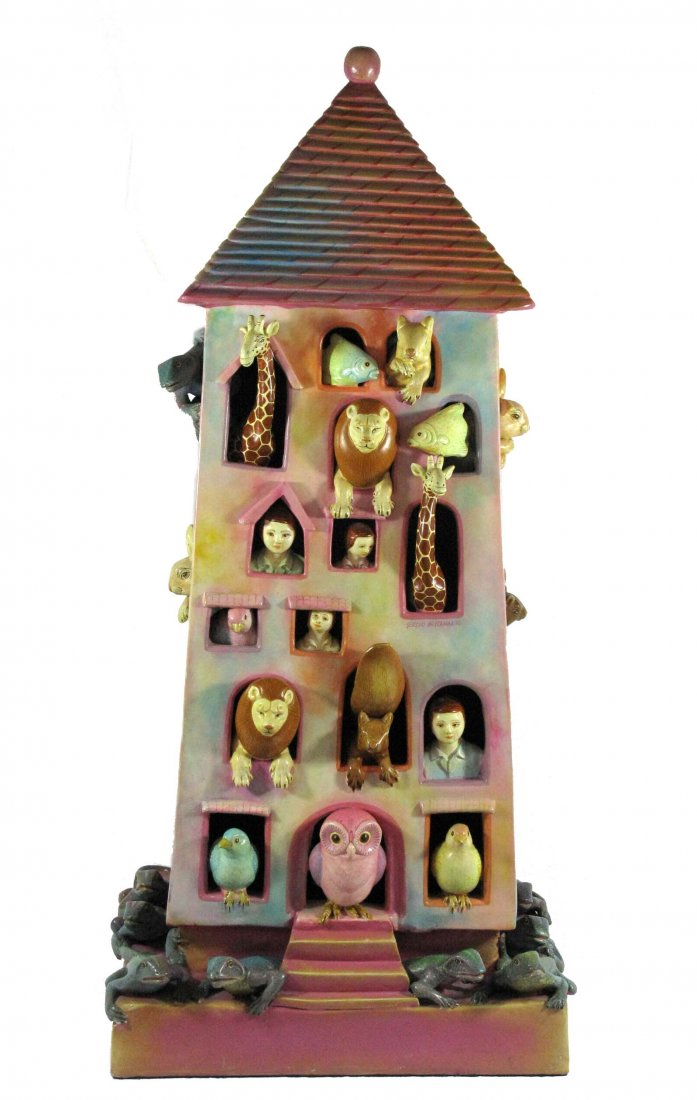 Sergio Bustamante Unique 1994 Ceramic Tower w/ Animals: Sergio Bustamante (b. 1942) Unique, hand painted ceramic sculpture titled, "Tower" which includes a detailed array of animals and people; 28"h x 12"l x 12"w. Signed on the face by the artist. This lot