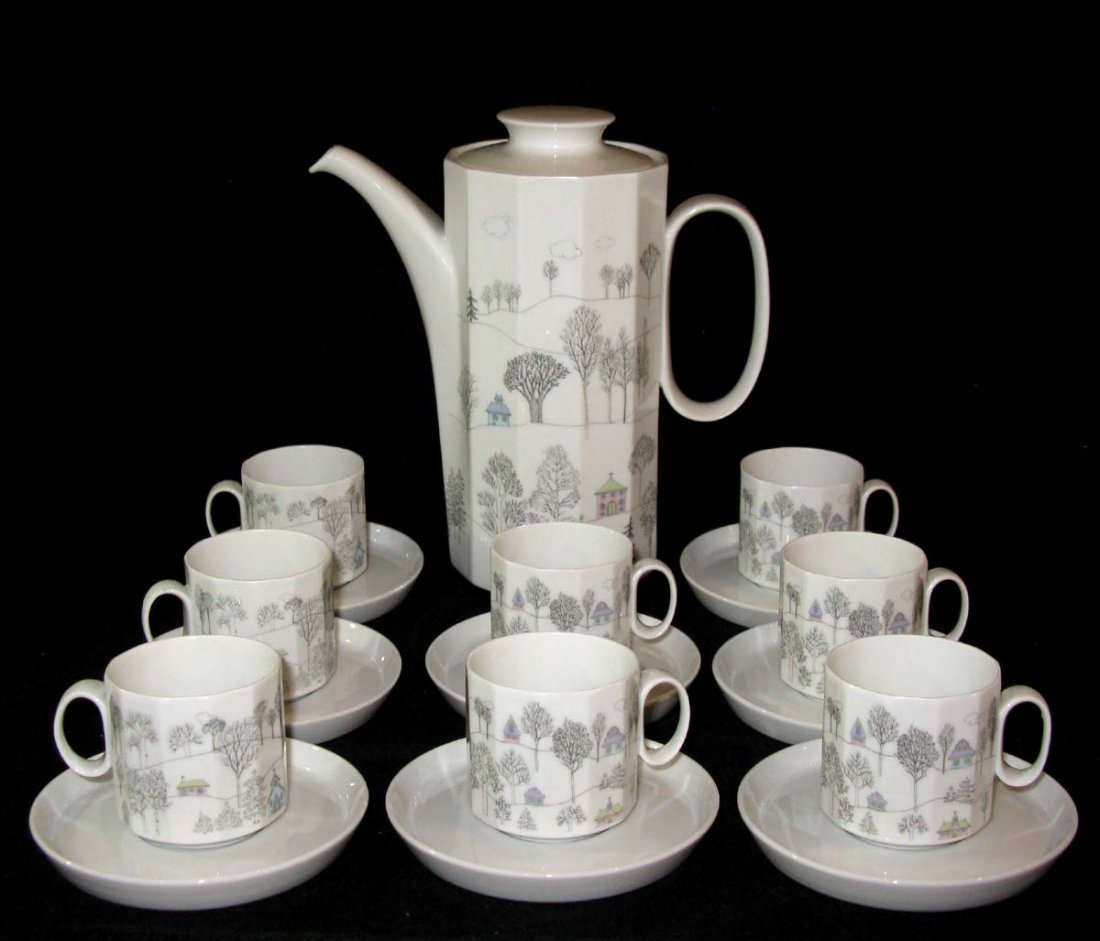 Rosenthal Winterreise Coffee 8 Espresso Cups Rut Bryk: Rosenthal Winterreise Coffee Set. This includes 8 Espresso Cups with the matching saucers. The whimsical set was designed by Rut Bryk and Tapio Wirkkala.
