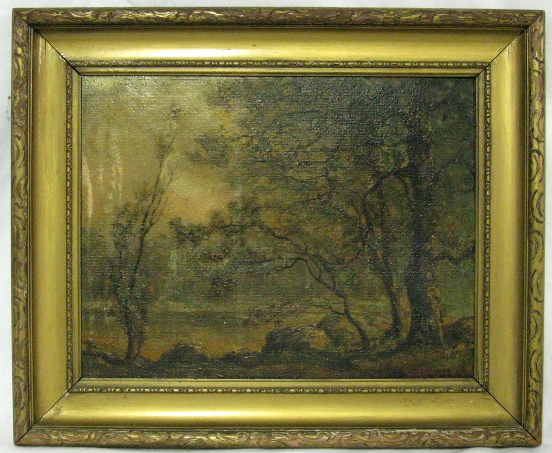 Walter Koeniger Landscape Oil on Canvas Panel: This is an oil on canvas panel by W. Koeniger (1881 - 1943). Signed on face by artist. Panel measures 14"h x 18"w; housed in original frame 19.25"h x 23.5"w. Landscape scene of trees along a peaceful 