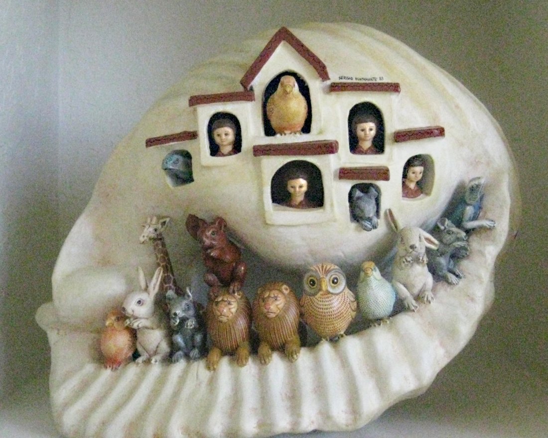 Sergio Bustamante (b. 1942) Ceramic Noah's Ark Nautilus: Sergio Bustamante (b. 1942) Unique Hand Painted Nautilus Shell. Cast and painted with animals in the opening. This piece measures 22"l