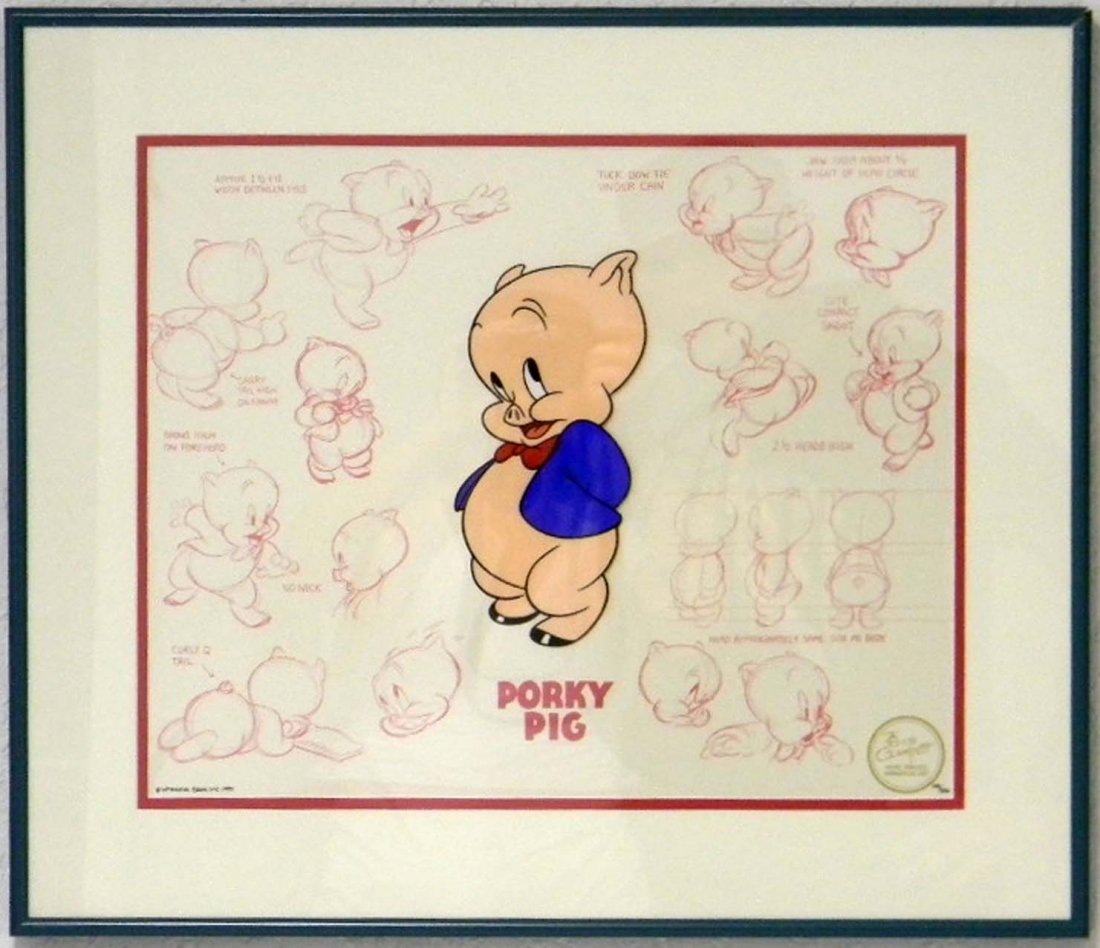 WB Porky Pig Clampett Hand Painted Ltd Ed. Model Cel: Warner Bros. Porky Pig Hand-Painted Model Cel, Ltd. Ed. 139/500; Part of the Bob Clampett hand painted cel series and matched number set with lots 107, 108, 110.