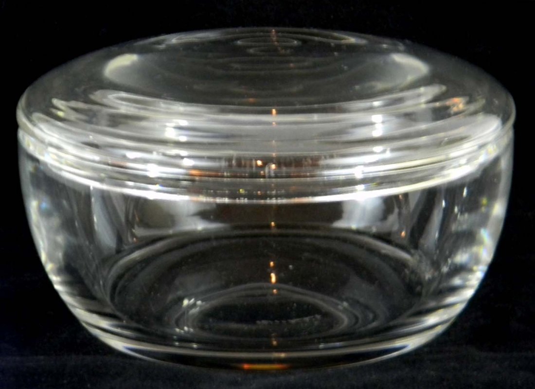Val St. Lambert Signed Covered Glass Bowl: Val St. Lambert Signed Covered Glass Bowl. Signature etched into base, measures 3.75"h x 7"d