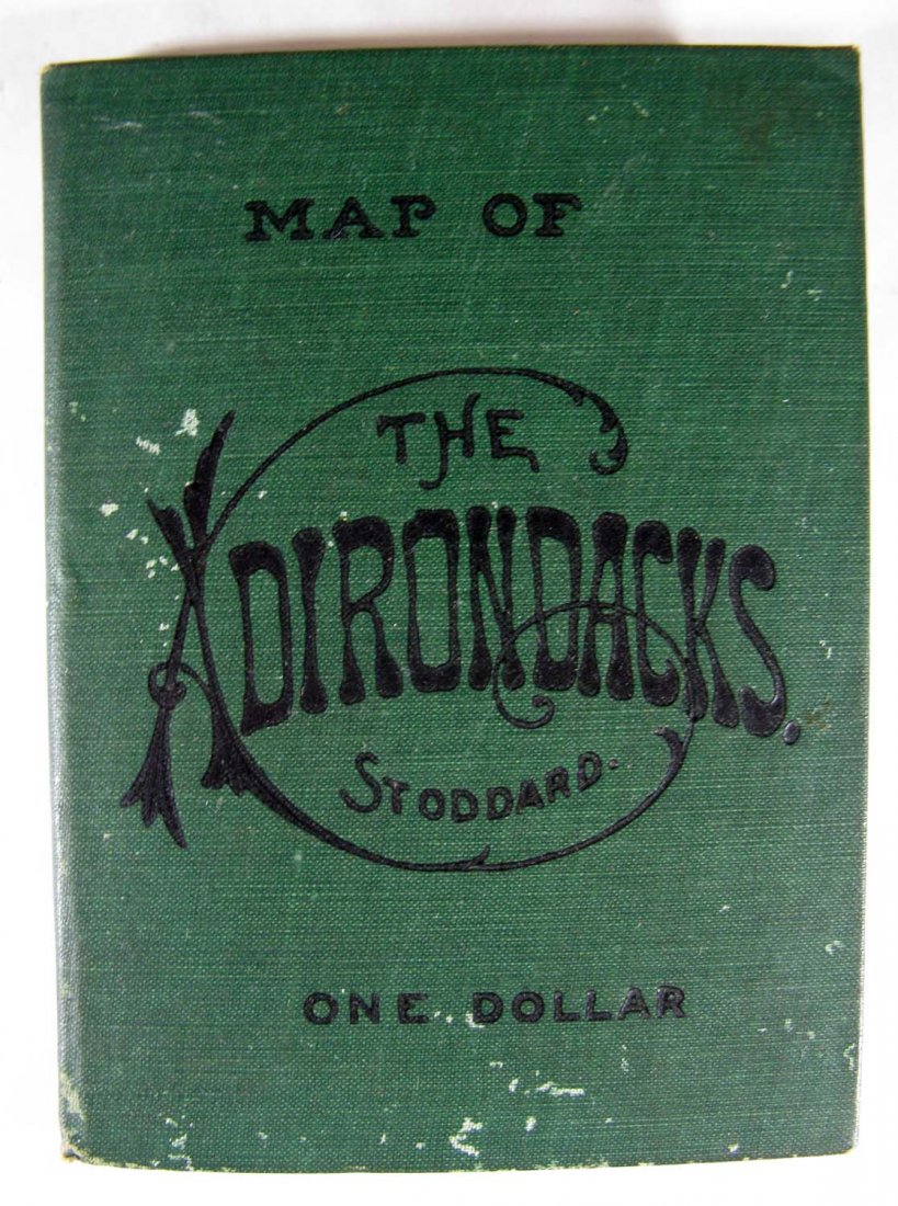 Rare Map of the Adirondacks by S. R. Stoddard: Rare and beautiful map of the Adirondack Wilderness by S. R. Stoddard. Fold out lithographed map of the Adirondack Mountains in Glens Falls, New York. Original color, housed between green boards. Depi