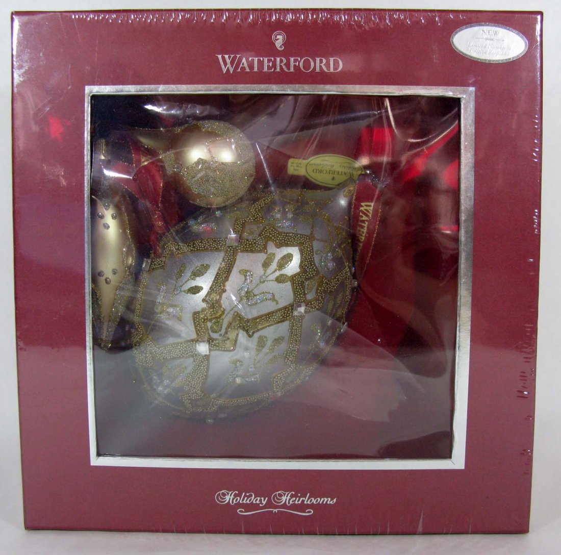Waterford Glass Ltd Ed Holiday Heirlooms Ornaments: Waterford Glass Limited, Numbered edition of Holiday Heirlooms Glass Ornaments. Boxed set of three Silver beaded lace spires. Housed in original shrink wrapped box with $125 MSRP