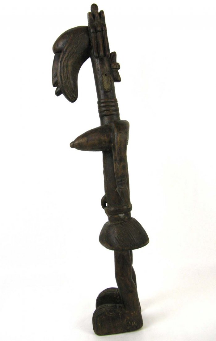 African Wood Stylized Djenne Mali Female Figure: African Wood Djenne Anthropomorphic Figure, sculptural curved head upon female body, Mali; 26 1/2"h