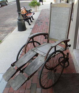 American Caned Wheelchair by Gendron Wheel Company: Cane seat and wood and metal frame Medical wheelchair by the Gendron Wheel Company Antique Wheelchair. A great design piece and classic American company. Bears maker's metal label on back. Gendron was