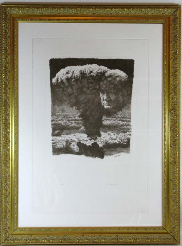 Winston Churchill Lithograph by Curtis Hooper & Sarah C: Winston Churchill commemorative folio size lithograph, "I look to the Children” c. 1975 limited edition lithograph with debossing by Curtis Hooper and hand-signed by Winston Churchill’s daughter,