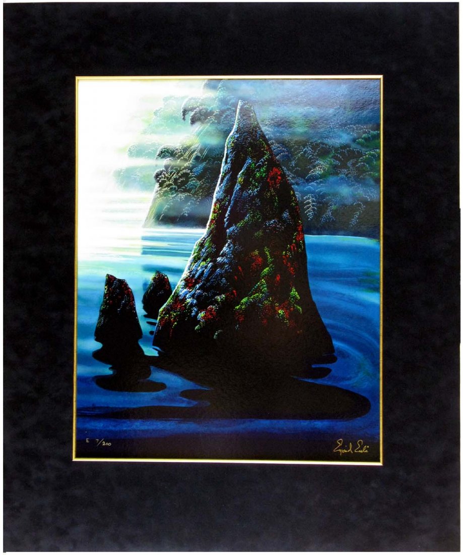 Eyvind Earle Serigraph The Rock: This is a limited edition serigraph on paper by Eyvind Earle (1916 – 2000) titled “The Rock”. This piece was released in a limited and numbered E edition 7 of 100 estate stamped examples created