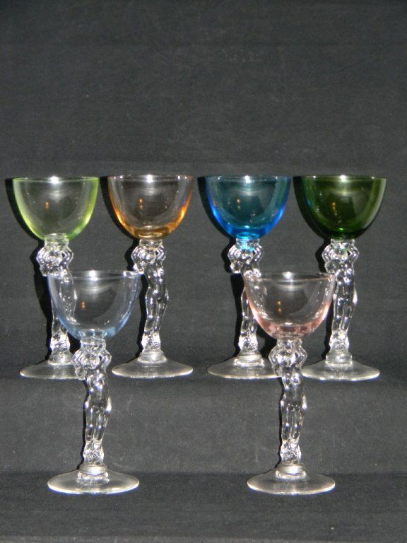 6 Cambridge Nude Stem Cocktail Glasses 3011: 6 Cambridge Statuesque Nude Stem Cocktail Glasses 3011, clear nude holding a colored glass bowl above her head, 6 3/8h."