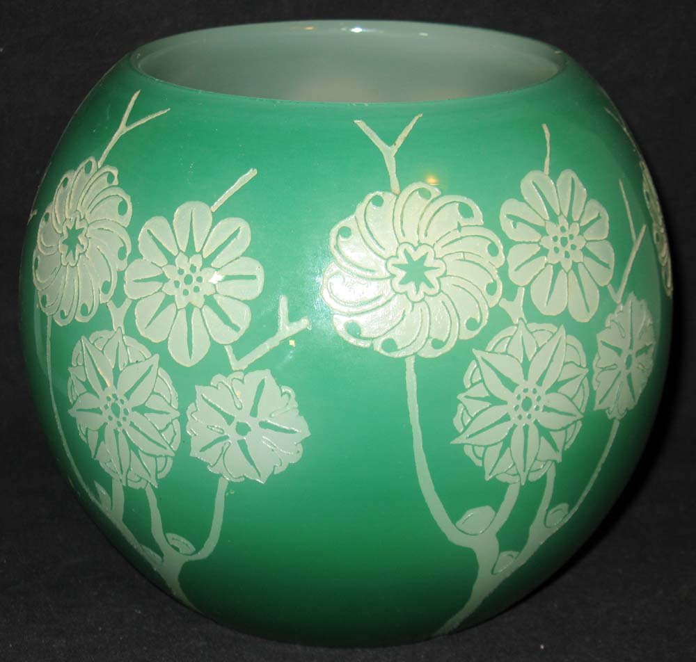 Carder Steuben Etched Glass Vase Marlene Pattern: Carder Steuben Green Jade over Alabaster Etched Glass Vase #6078, in the Marlene Pattern, unsigned, 7h x 4 1/2"d base. An example of this vase and pattern can be found at the Corning Museum of Glass.
