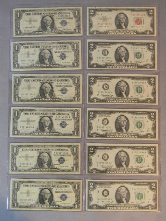 12 Silver Certificates & $2 Dollar Bills Currency: Lot of 6 One Dollar Bill Silver Certificates, 1 @ 1957, 3 @ 1957A, 3 @ 1957B with Lot of 6 Two Dollar Bills 1 @ 1953B and 5 @ 1976.