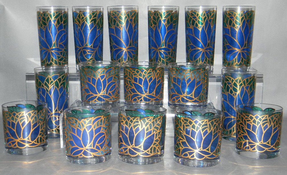 12 Georges Briard Mid-Century Enameled Bar Glasses: Georges Briard, Mid-Century Enameled Bar Glasses: 6 @ Highball & 6 @ Old Fashioned / Rocks in great estate condition (only 1 small 1/8 lip-chip in 1 highball). Measures 5.5" h. & 3.5" h. respectively.